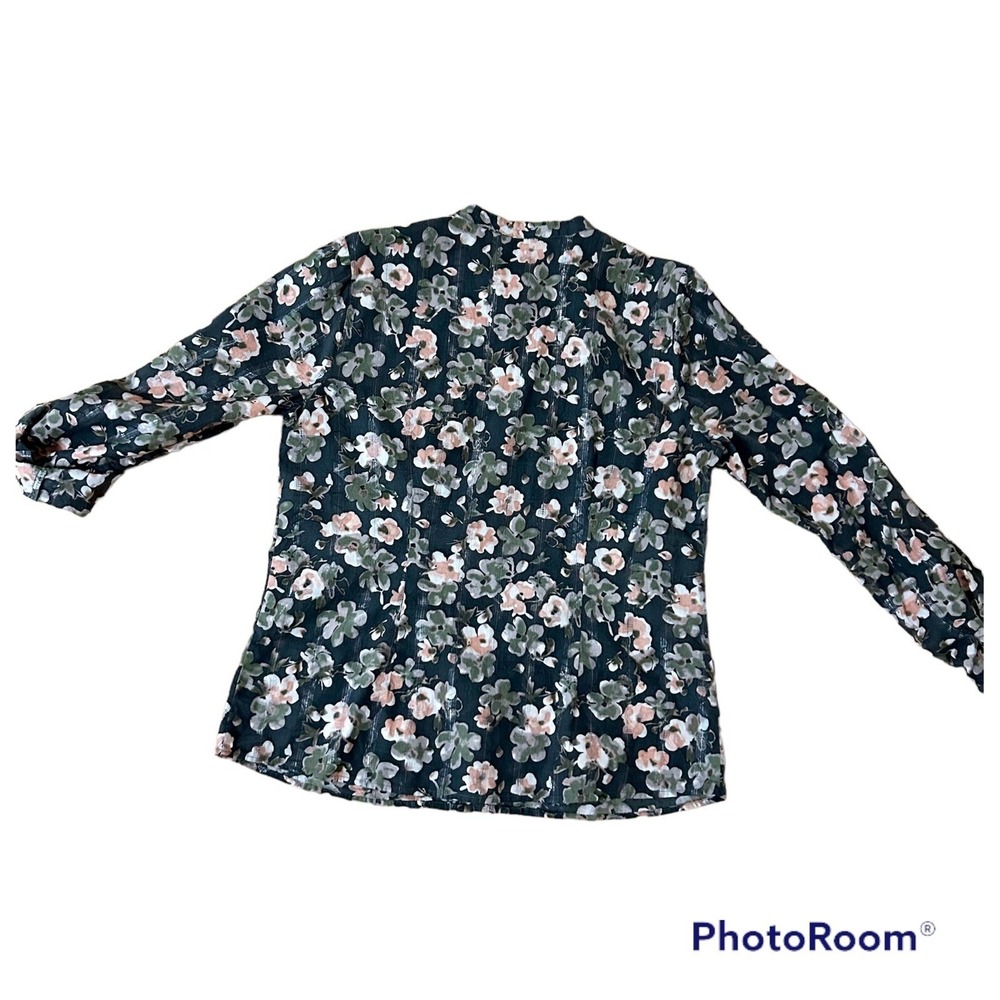 Dark Romantic Floral Lace Country Metallic Snap Button Blouse Dark Green Medium - Picture 6 of 11